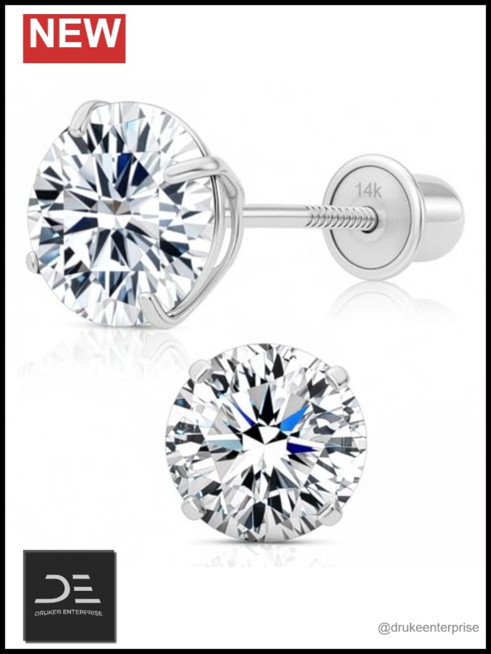 Solid 14K Gold Cubic Zirconia Stud Earrings Round Solitaire Screwback